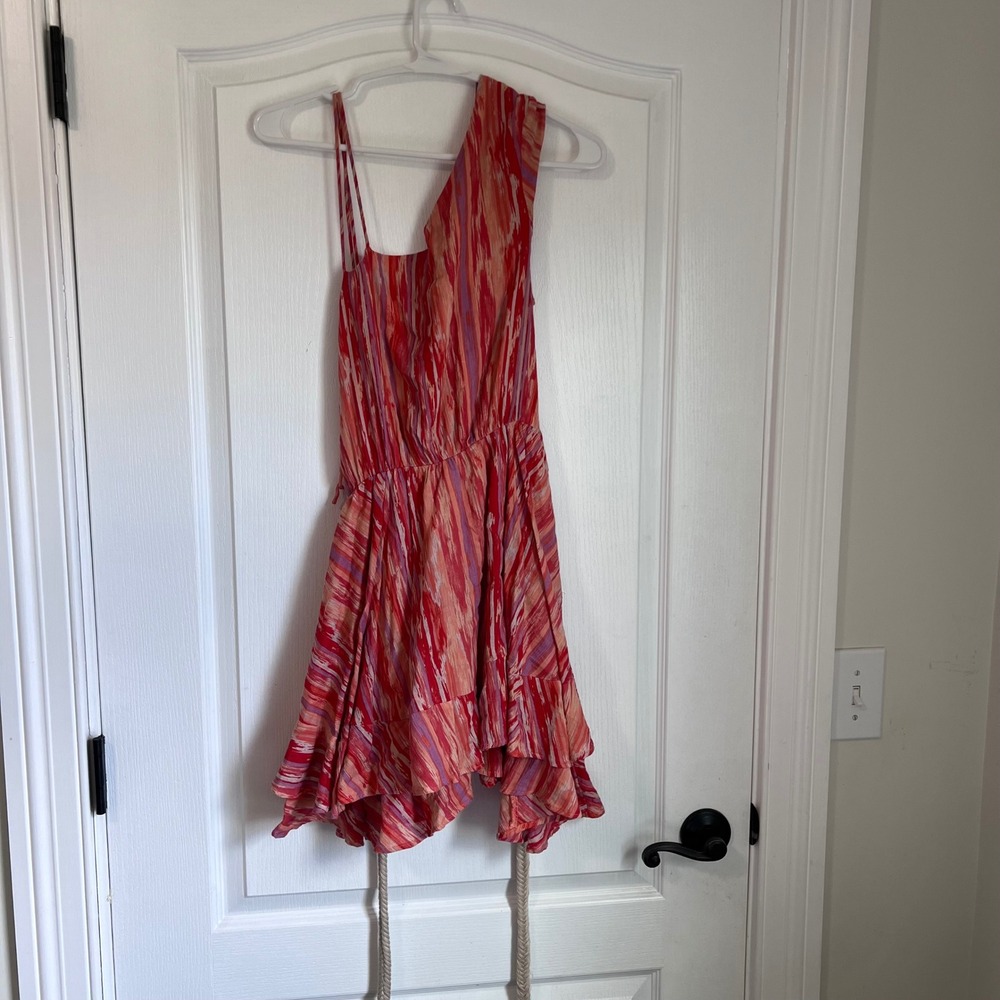 Free People Red Abstract Print One Shoulder Ruffle Mini Dress Small Braided Belt